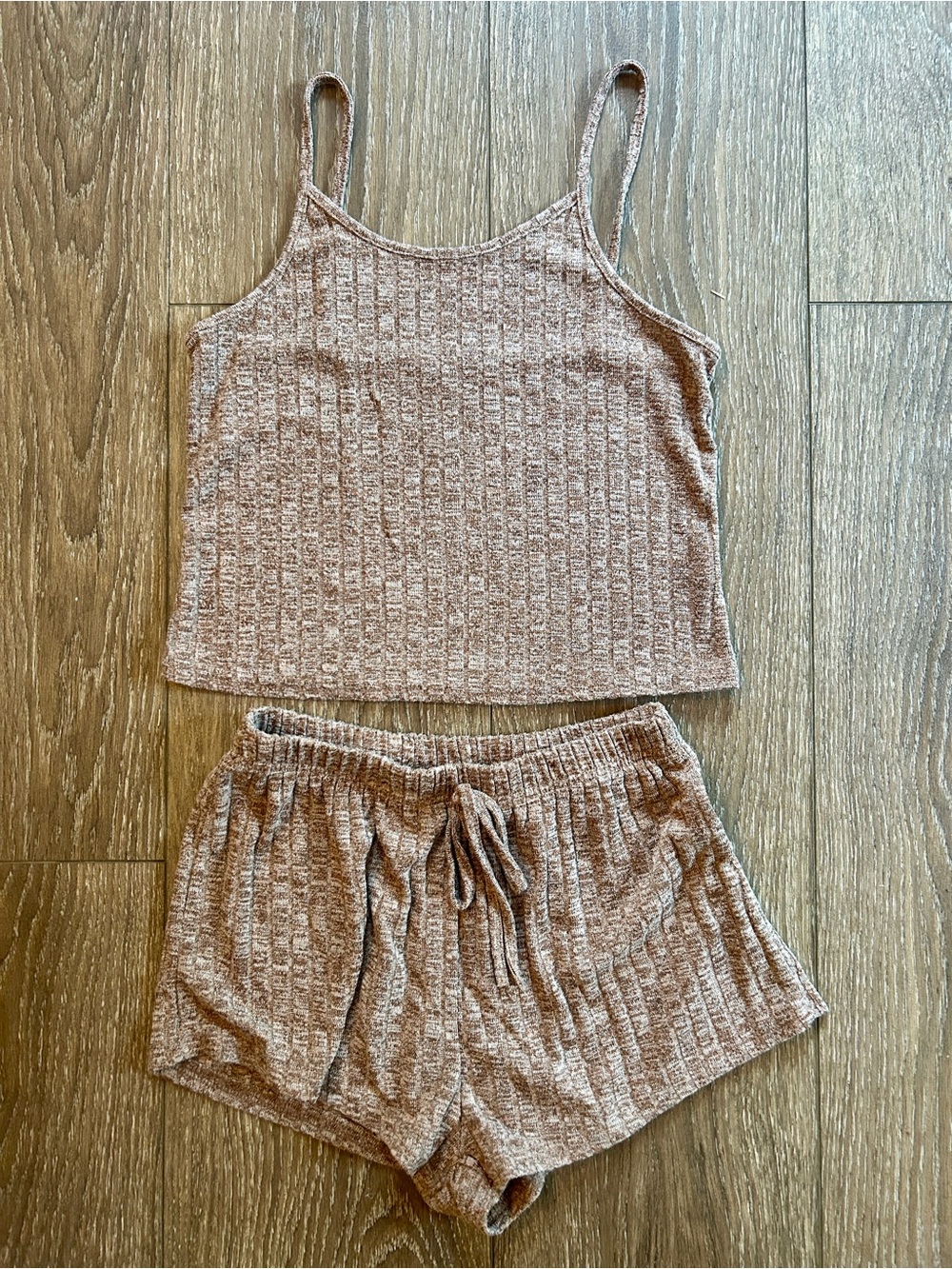 Ribbed Spaghetti Strap Cami & Drawstring Shorts Pajama Set